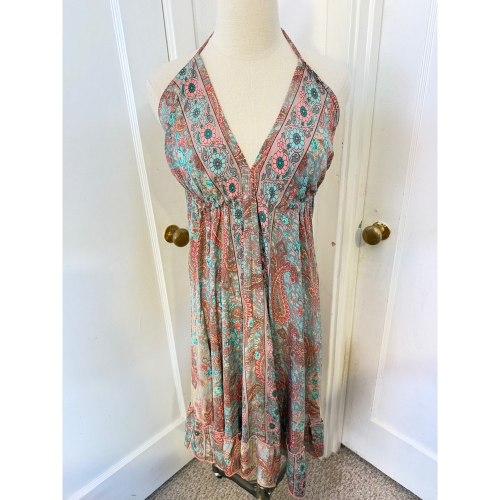 Paisley Floral Halter Dress Midi Smocked Waist Ruffle Hem Blue Pink Vintage Boho